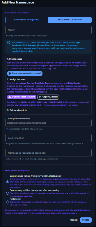 The add-namespace wizard in Entra RBAC mode: passwordless connection with a one-click deploy-access-to-Azure button - no connection string stored