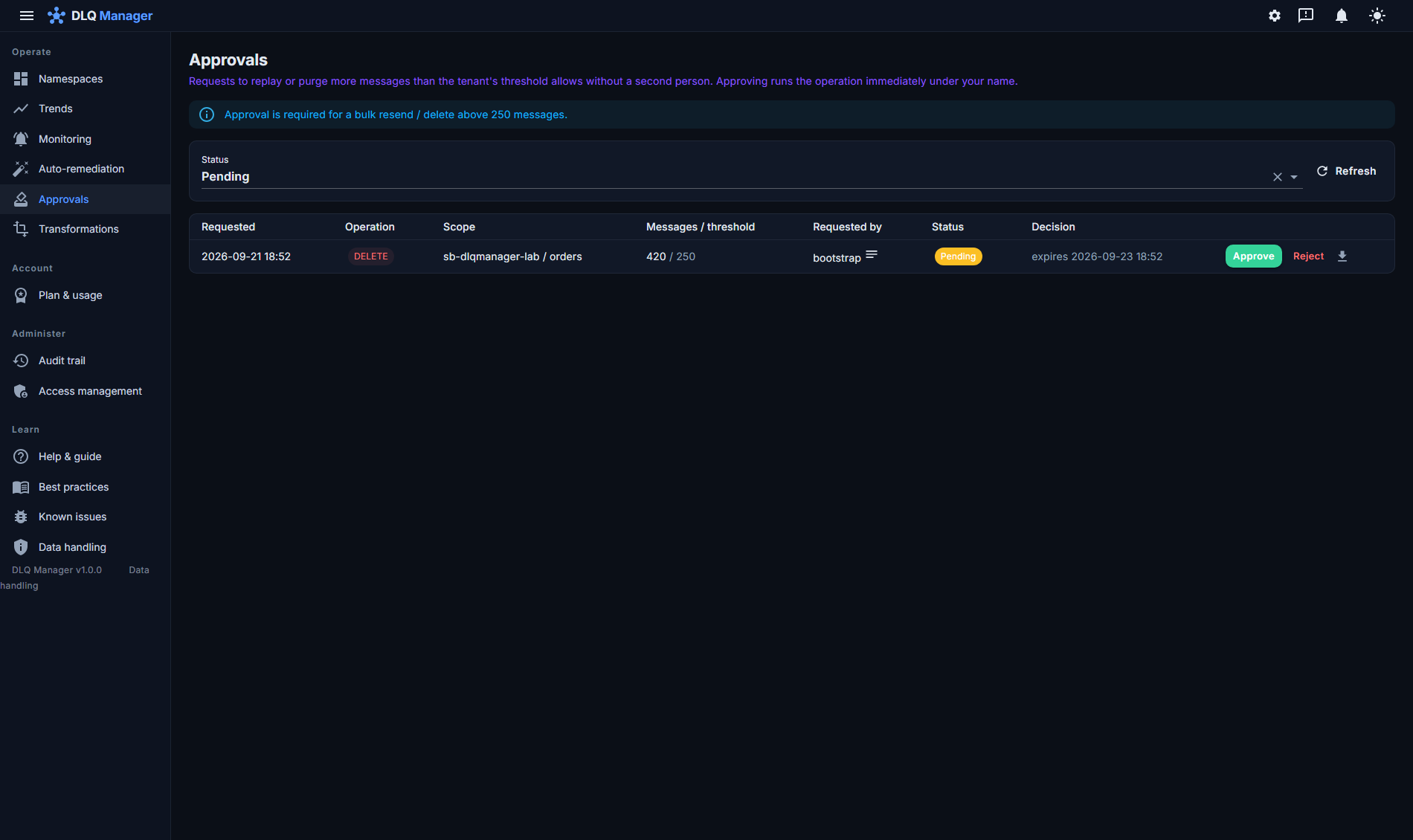 The Approvals page: one pending request to delete 420 messages against a threshold of 250 on sb-dlqmanager-lab / orders, who requested it, when it expires, and Approve, Reject and evidence-pack download actions