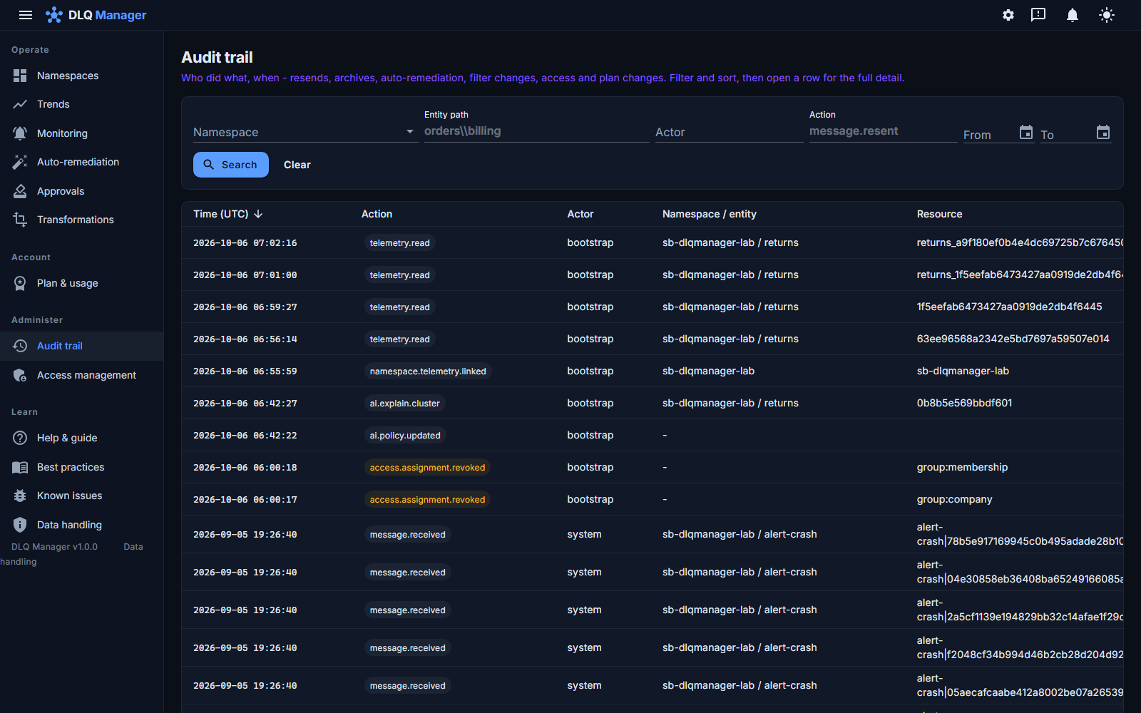 The audit trail: timestamped, filterable entries - telemetry lookups, an AI diagnosis, access revocations, captured messages - each with actor, namespace, entity and resource id