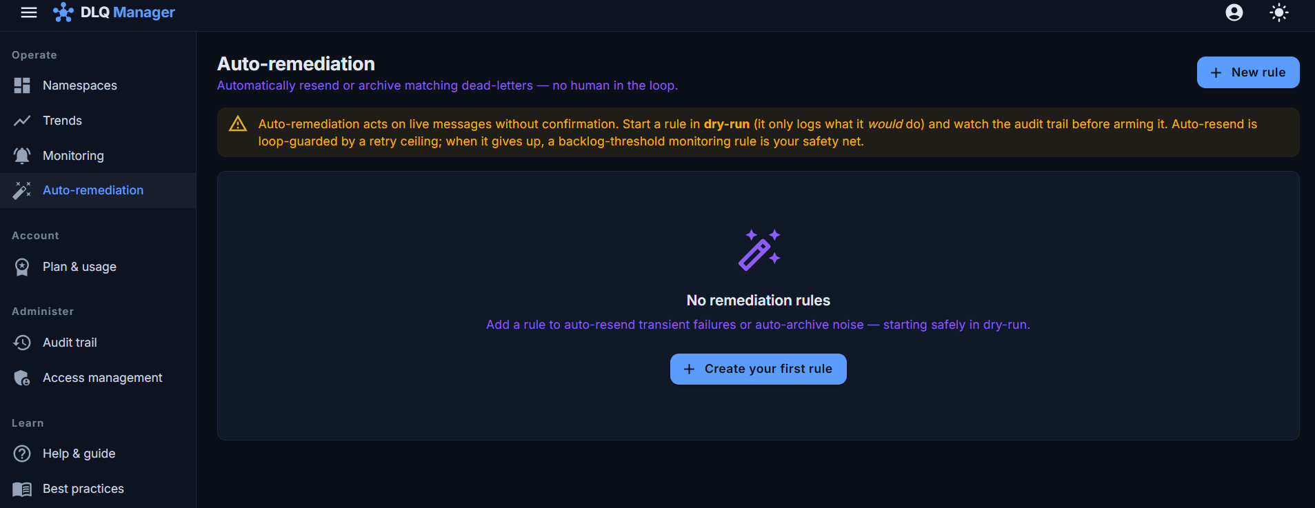 The auto-remediation rules page: match filters on dead-letter reason, resend and archive actions with retry ceilings, and per-rule dry-run/armed state