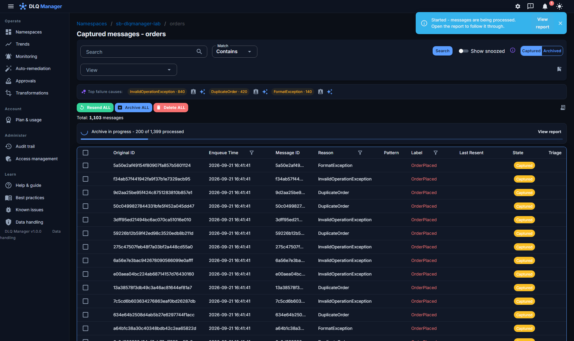 A whole-entity archive running on the orders queue: the live banner reads 'Archive in progress - 200 of 1,399 processed' with a View report link, the Started notification, and the Resend ALL, Archive ALL and Delete ALL actions above the grid