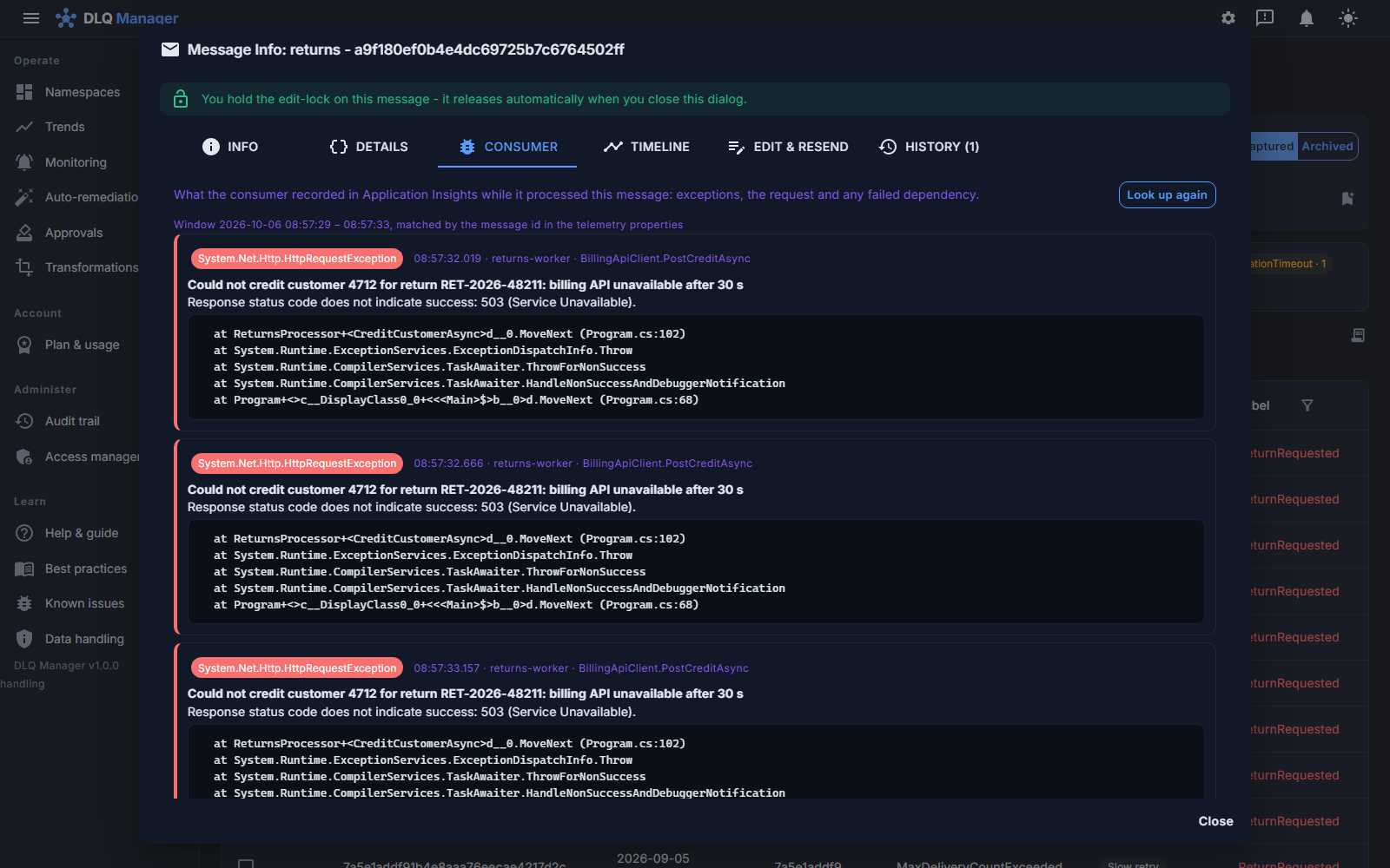 The Consumer tab of a dead-letter: three exceptions the returns-worker recorded in Application Insights for the message's three deliveries - 'Could not credit customer 4712: billing API unavailable after 30 s', the 503 beneath it, and the stack frames - matched by the message id