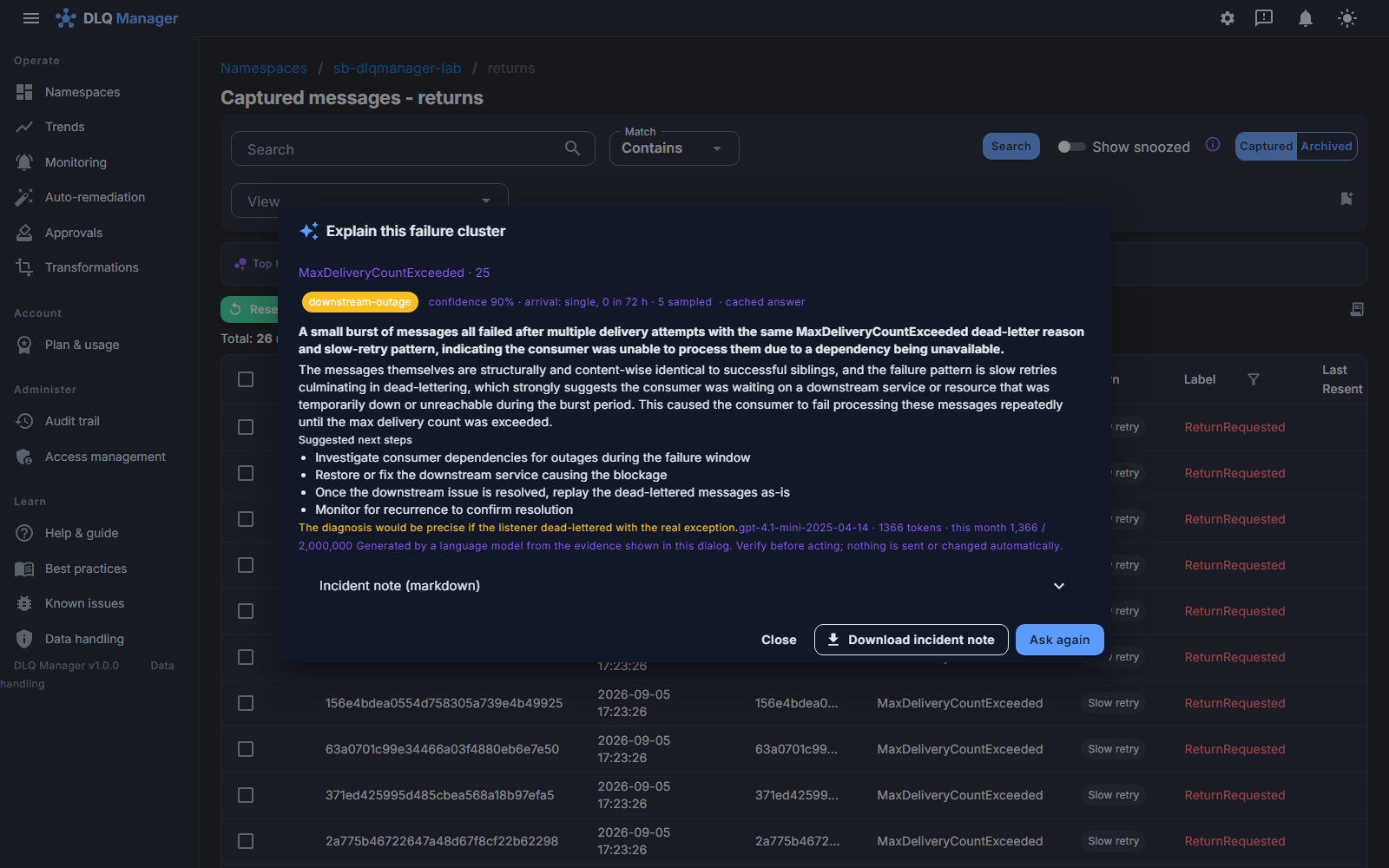 The diagnosis dialog for a failure cluster on the returns queue: classified downstream-outage at 90% confidence, a plain-language summary and likely cause, four suggested next steps, the model and token count, and a downloadable incident note