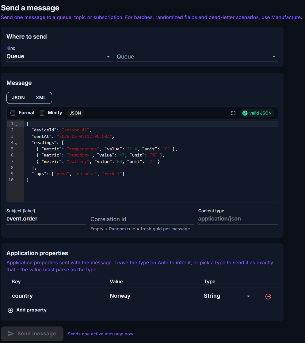 The Send page: a target queue, a JSON or XML message body, and a typed application-property bag - one live message, sent