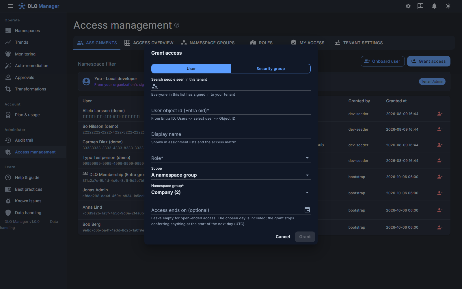 The Grant access dialog with scope set to A namespace group, the Company group picked, and an optional day on which the access ends