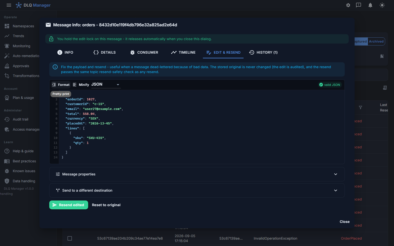 The edit-and-resend dialog: a JSON payload editor with live validation, the team-wide edit-lock banner, message properties, redirect to a different destination, and the Resend edited button