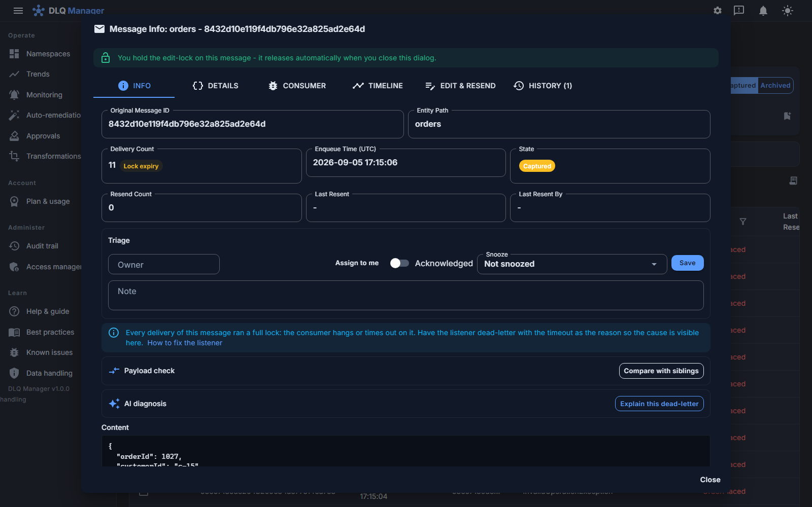Where Azure Monitor shows a count, DLQ Manager shows the message itself: the message dialog with delivery count and lock-expiry pattern, triage (owner, acknowledged, snooze, note), a payload check against siblings, the AI diagnosis, and the content