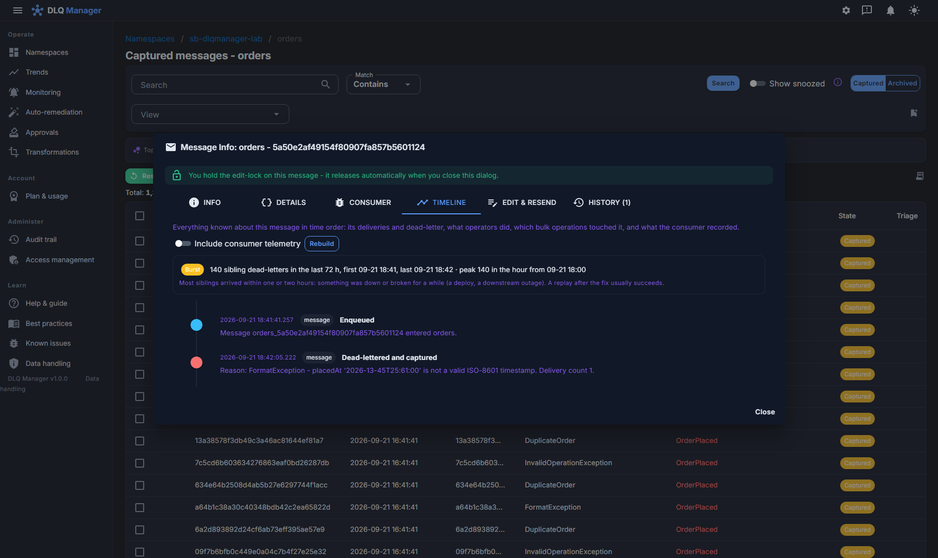 The Timeline tab of a message: its failure cluster classified as a Burst of 140 sibling dead-letters in one hour, then the message's own events in order - enqueued, dead-lettered and captured with the FormatException reason and delivery count
