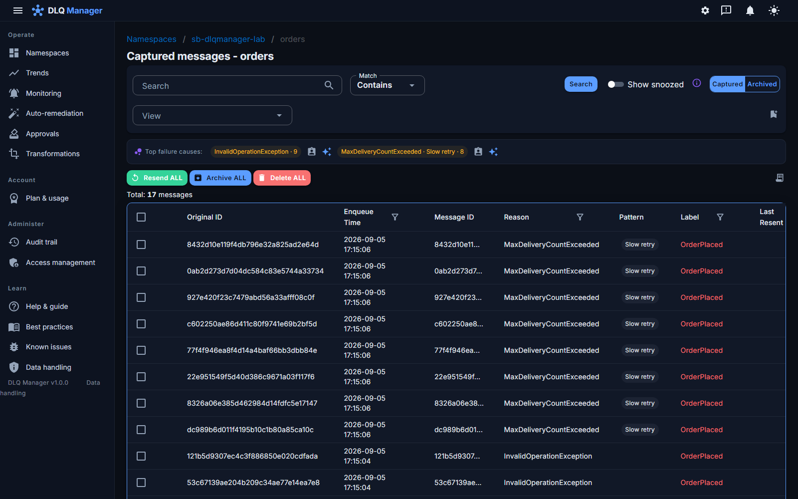 The captured-messages console for the orders queue: the top failure causes as chips, dead-letters in a searchable grid with match modes, per-column filters, reason, delivery pattern and label per row, and bulk resend, archive and delete actions