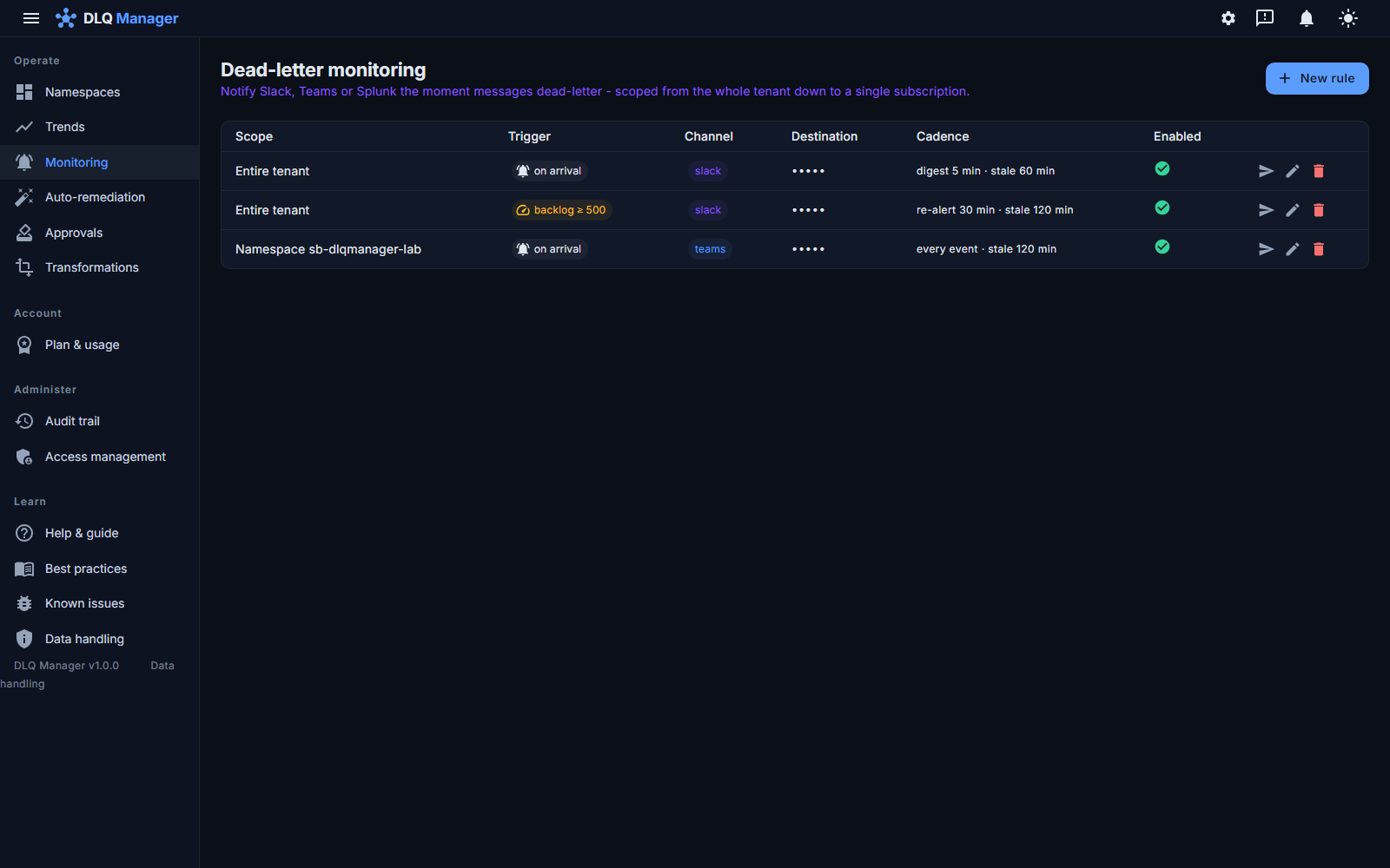 The dead-letter monitoring page: rules scoped from the whole tenant, a namespace group or one namespace down to one entity, Slack and Teams channels, on-arrival and backlog-threshold triggers, digest cadences and per-rule test-fire