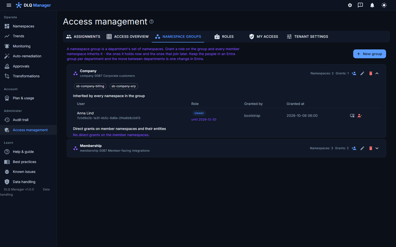 The Namespace groups tab: the Company group expanded, showing its two namespaces, the role inherited by every namespace in the group (Anna Lind, viewer, until 2026-12-30) with move and revoke actions, and the Membership group below