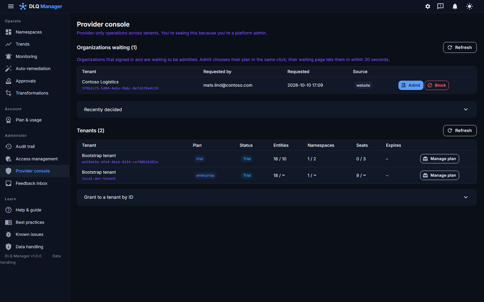 The provider console's 'Organizations waiting' table with Contoso Logistics requested from the website, and Admit and Block buttons