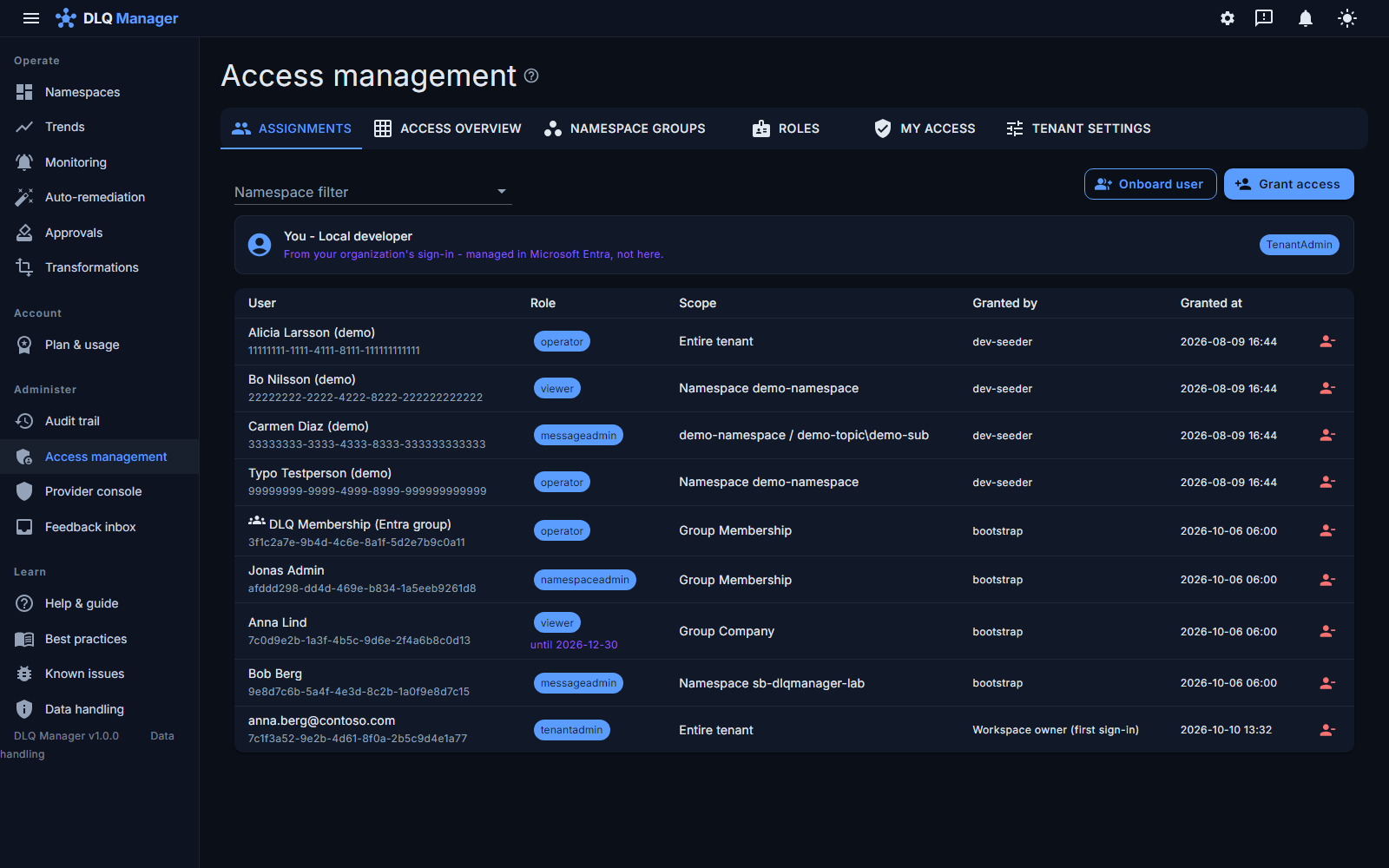 Access management listing the organization's grants, the last row anna.berg@contoso.com as tenantadmin on the entire tenant, granted by 'Workspace owner (first sign-in)'