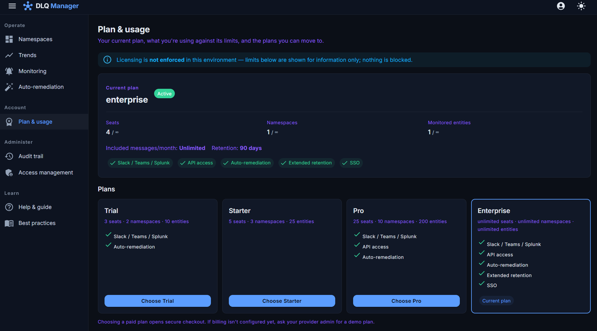 The plan & usage page: current plan with feature entitlements, plan cards for Team, Business and Enterprise, and upgrade actions