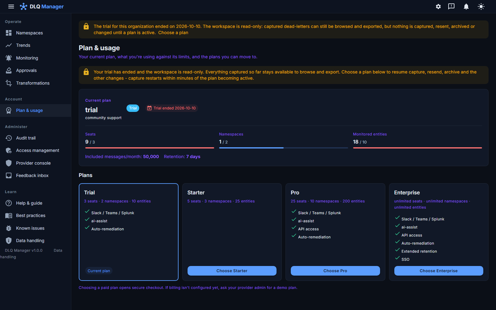 The Plan & usage page after a trial ended: a red 'Trial ended 2026-10-10' chip, usage against the trial limits, and the Trial, Starter, Pro and Enterprise plan cards with Choose buttons
